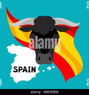 Traditionelle spanische Corrida. Bull auf Hintergrund Flagge und Karte von Spanien Stock Vektor