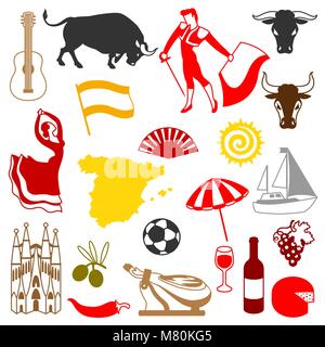 Spanien Symbole gesetzt. Spanische traditionelle Symbole und Objekte Stock Vektor