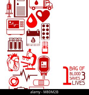 1 Beutel Blut spart 3 Leben. Nahtlose Muster mit Blut spende Reihen. Gesundheits- und Krankenpflege Objekte Stock Vektor