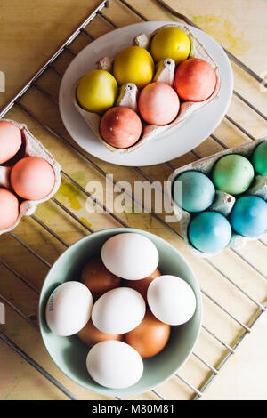 Färben Eier zu Ostern, Färbung, in verschiedenen Farben und mit Essen Farbstoff über einen grauen konkreten Hintergrund Tonalität Stockfoto