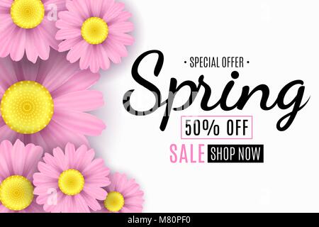 Frühling Verkauf Banner. Rosa Blüten der Kamille. Saisonale Poster. Angebot. Vector Illustration. EPS 10. Stock Vektor