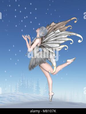 Ballerina Winter Fairy tanzt im Schnee Stockfoto