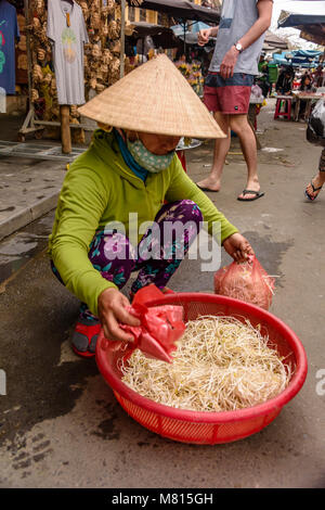 Eine Frau verkauft Sojasprossen auf der Straße vor der Markthalle in Hoi An, Vietnam Stockfoto