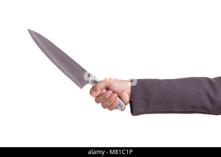 Business kriminellen Konzept: Geschäftsfrau halten Sie die neue Silber Messer auf weißem Hintergrund Stockfoto