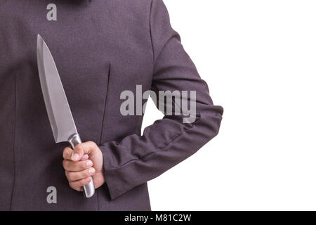 Business kriminellen Konzept: Geschäftsfrau halten Sie die neue Silber Messer auf weißem Hintergrund Stockfoto
