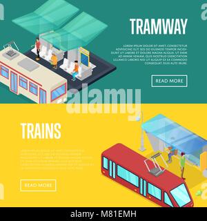 Straßenbahn warten Station isometrische 3D-Poster Stock Vektor