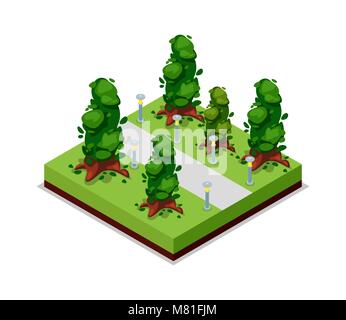 Park Road und Bäume isometrische 3D-Symbol Stock Vektor