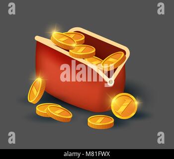 Goldene Münzen in Leder Geldbörse Symbol Stock Vektor