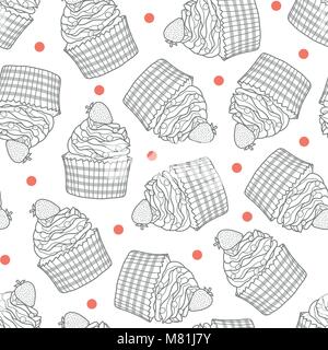 Cupcakes und roten Punkte zufällig auf weißem Hintergrund. Süße Hand gezeichnet nahtlose Muster von Dessert in grauen Umrisse Stil. Stock Vektor