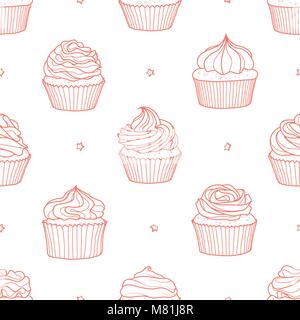 8 Arten von Cupcakes und Sterne random auf weißem Hintergrund. Süße Hand gezeichnet nahtlose Muster von Dessert in rot Art. Stock Vektor