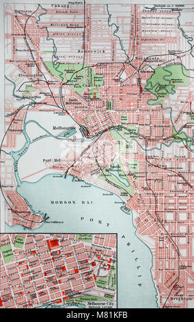 Stadtplan aus dem Jahr 1892: Melbourne, Australien, digital verbesserte Reproduktion einer Vorlage drucken aus dem Jahr 1895 Stockfoto