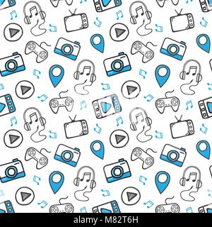 Handgezeichneten doodle online Medien Konzept ist die nahtlose Muster Hintergrund. Vector Illustration. Stock Vektor