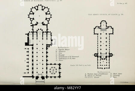 Eine umfassende Studie über das architektonische Layout von Kirchen und Klöstern, mit detaillierten Grundrissen, Platten, Glossaren und Index, die verschiedene Anordnungen in verschiedenen Regionen zeigen. Stockfoto