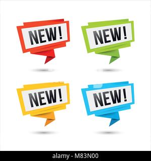 Etiketten für neue Anreise, Preis oder Lage. Vektor Web Icons, in Papier Origami Art, auf weissem isoliert. Stock Vektor