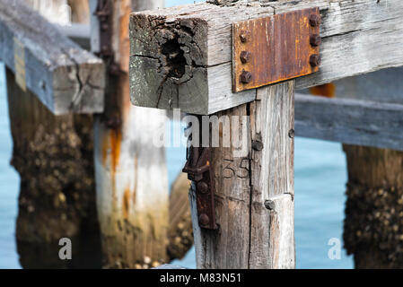 Alte, verwitterte Werfthölzer mit geschnitzten Zahlen in Johnstons Bay, Sydney, New South Wales, Australien Stockfoto