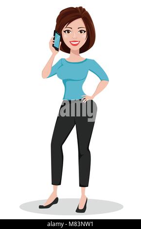 Schöne Geschäftsfrau im Gespräch per Telefon. In legere Kleidung gerade stehend Geschäftsfrau. Cute cartoon Charakter. Vector Illustration. Stock Vektor