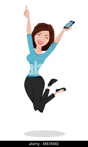 Schöne Geschäftsfrau springen und Holding smartphone. In Freizeitkleidung Geschäftsfrau. Cute cartoon Charakter. Vector Illustration. Stock Vektor