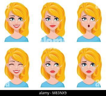 Gesichtsausdruck von cute blonde Frau. Verschiedene weibliche Emotionen gesetzt. Attraktive cartoon Charakter. Vector Illustration auf weißem Hintergrund. Stock Vektor