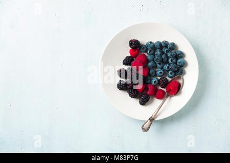 Obst Salat mit verschiedenen frischen Sommer Beeren in weiße Platte. Ansicht von oben Stockfoto