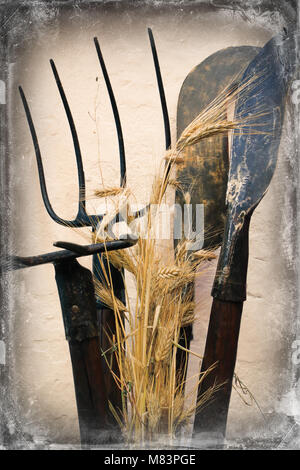 Komposition mit alten landwirtschaftlichen Werkzeugen Stockfoto