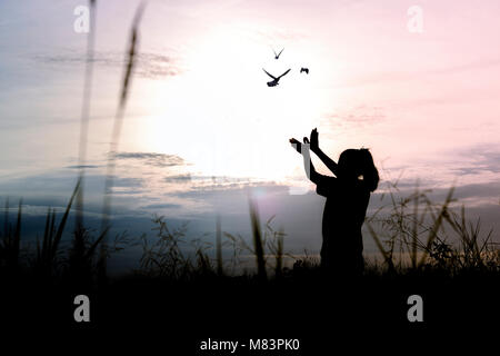 Silhouette Menschen Hand bilden, wie Vogel- und Release Vögel zu Freiheit und frei sein Stockfoto