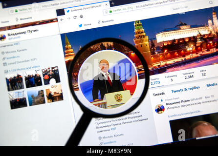 MONTREAL, KANADA - 13. MÄRZ 2018: Offizielle Twitter Account des russischen Präsidenten Wladimir Putin. Stockfoto