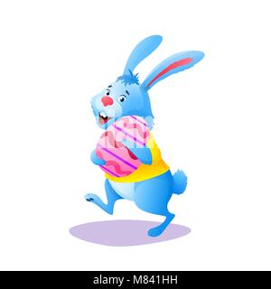 Blau cartoon Ostern Hase mit österlichen Ei auf weißem Hintergrund. Happy ester Bunny tragen gelbe T-Shirt. Cute urlaub Charakter. Design Dekoration. Bunte vektor Tier Abbildung Stock Vektor