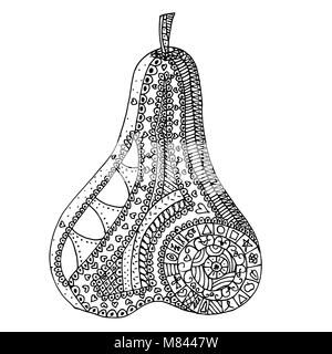 Pear zen verwirren. Doodle Obst Vector Illustration. Malbuch für Erwachsene. Schwarz und Weiß. Stock Vektor