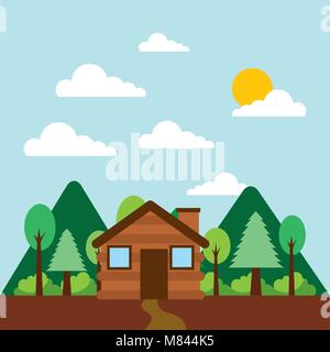 Wald outdoor Camp cottage in den Bergen Vector Illustration Stock Vektor