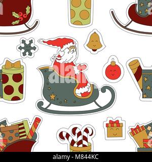 Aufkleber für Weihnachten. Geschenke, Süßigkeiten und Santa Claus Vector Illustration. Nahtlose Muster Hintergrund. Stock Vektor