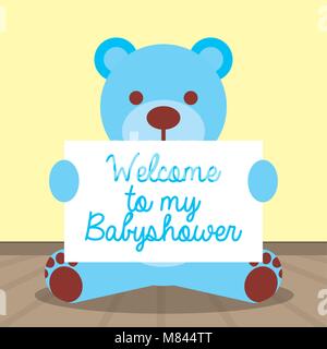 Blaue Teddybär Holding welcome card baby dusche Vector Illustration Stock Vektor