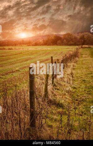 Ländliche Ackerland mit hölzernen Zaun bei Sonnenaufgang. Stockfoto