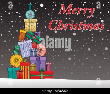 Ein Vektor Abbildung im EPS 10 Format einer dekorativen Weihnachten Grußkarte mit ausgefallenen Geschenke und Schnee auf einem dunklen Hintergrund Stock Vektor