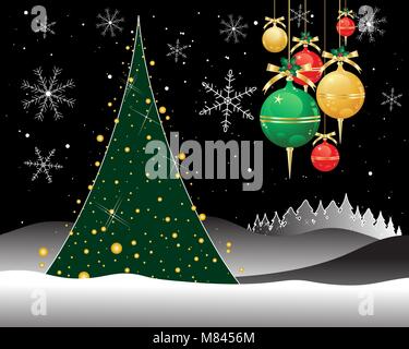Ein Vektor Abbildung im EPS 10 Format von einem geschmückten Weihnachtsbaum mit Kugeln auf eine dunkle Nacht im Schnee Stock Vektor