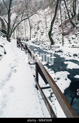 Stream läuft durch den Schnee Nationalpark bedeckt. Süd Schweden. Stockfoto