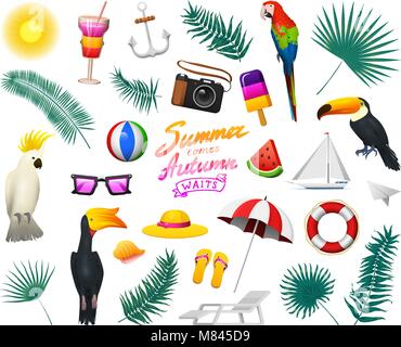 Nautische Sommer eingestellt. Marine Urlaub am Strand. Tropische Pflanzen und Vögel, Kamera und Anker, Eis und Milchshake, Liegestuhl, Toucan und Papagei. retro reisen. vintage Urlaub am Meer. Stock Vektor