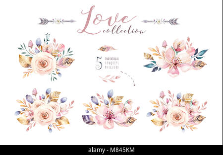 Boho Set Vintage aquarell Elemente von Blumen, Garten und wilde Blumen, Blätter, Zweige Blume, Illustration isoliert, Vögel und Federn, böhmische Blumensträuße und Pfeile Stockfoto