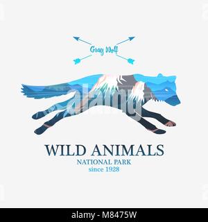 Berge und Running Fox, silhouette wildes Tier. Mehrere oder Double Exposure. Alte Aufkleber oder Abzeichen. Reise, Reise durch die Natur. Abzeichen oder Emblem, Logo oder Label für Ihr Design. Stock Vektor