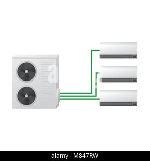 Die Klimaanlage Vector Illustration. Ein Außenpool und drei Indoor Schrankwand. Multi Split Heizung und Kühlung. Stock Vektor
