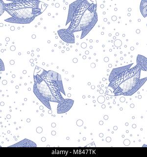 Nahtlose Muster Hintergrund die Fische schwimmen. Vector Illustration der Unterwasserwelt. Marine Life Tapete Blau und Weiß. Stock Vektor