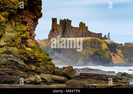 Blick auf Tantallon Castle vom Bach in East Lothian, Schottland, Vereinigtes Königreich Stockfoto