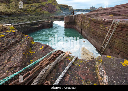 Ausblick auf den kleinen Hafen von Meeresklippe in East Lothian, Schottland, Vereinigtes Königreich Stockfoto