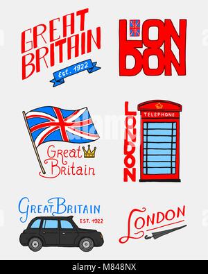 Britische Logos, Symbole, Abzeichen oder Briefmarken, Embleme, architektonische Sehenswürdigkeiten, Flagge des Vereinigten Königreichs. Land England label. Phone Booth, London und der Herren. Graviert, vintage Stil gezeichnet. Stock Vektor