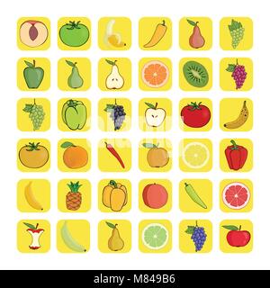 Vector Icons Set von Obst und Gemüse. Symbol der natürlichen Produkte. Stock Vektor