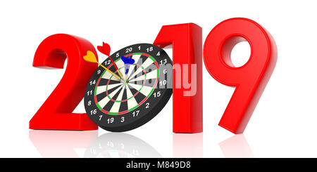 Neues Jahr 2019, Dart auf Ziel auf weißem Hintergrund. 3D-Darstellung Stockfoto