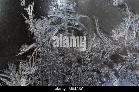 Ein Blick auf die Zweige durch ein gefrorenes Fenster. Gefrorenes Wasser auf dem Fenster erstellt odecoration Silber schöne Verzierungen. Stockfoto