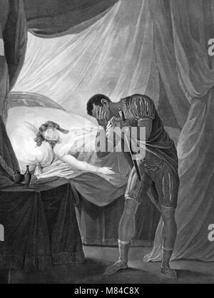 Othello, Akt V, Szene II Othello, mit Schwert und Desdemona eingeschlafen. Ein Stich von William Satchwell Leney aus einem Gemälde von Josiah Boydell, 1803. Stockfoto