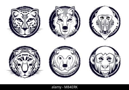 Wilde Tiere Köpfe Cartoon auf schwarz weiß Vector Illustration graphic design Stock Vektor