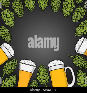 Bunte Bier Menü design Vorlage. Graviert Abbildung mit Hopfen und Bier Gläser. Brauerei frame-Konzept. Hand Vector Illustration für Bier r gezeichnet Stock Vektor