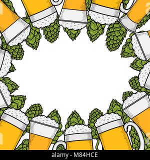 Bunte Bier Menü design Vorlage. Graviert Abbildung mit Hopfen und Bier Gläser. Brauerei frame-Konzept. Hand Vector Illustration für Bier r gezeichnet Stock Vektor